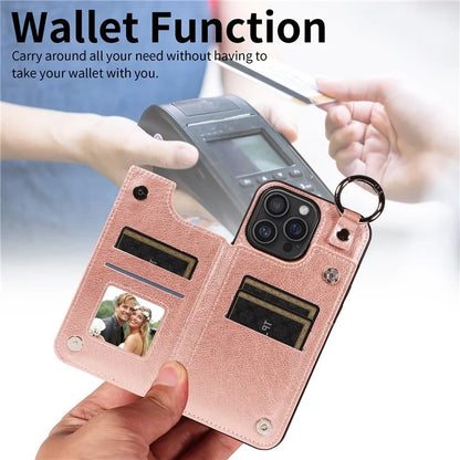 003 For iPhone 16 Pro Max Case Leather Ring Buckle Phone Back Cover Kickstand