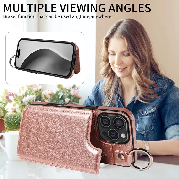 003 For iPhone 16 Pro Max Case Leather Ring Buckle Phone Back Cover Kickstand