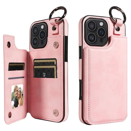 003 For iPhone 16 Pro Max Case Leather Ring Buckle Phone Back Cover Kickstand