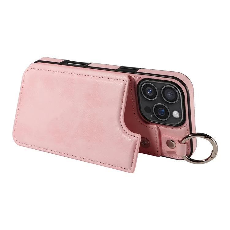 003 For iPhone 16 Pro Max Case Leather Ring Buckle Phone Back Cover Kickstand