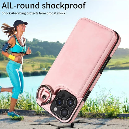 003 For iPhone 16 Pro Max Case Leather Ring Buckle Phone Back Cover Kickstand