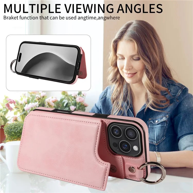 003 For iPhone 16 Pro Max Case Leather Ring Buckle Phone Back Cover Kickstand