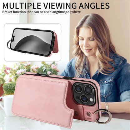 003 For iPhone 16 Pro Max Case Leather Ring Buckle Phone Back Cover Kickstand