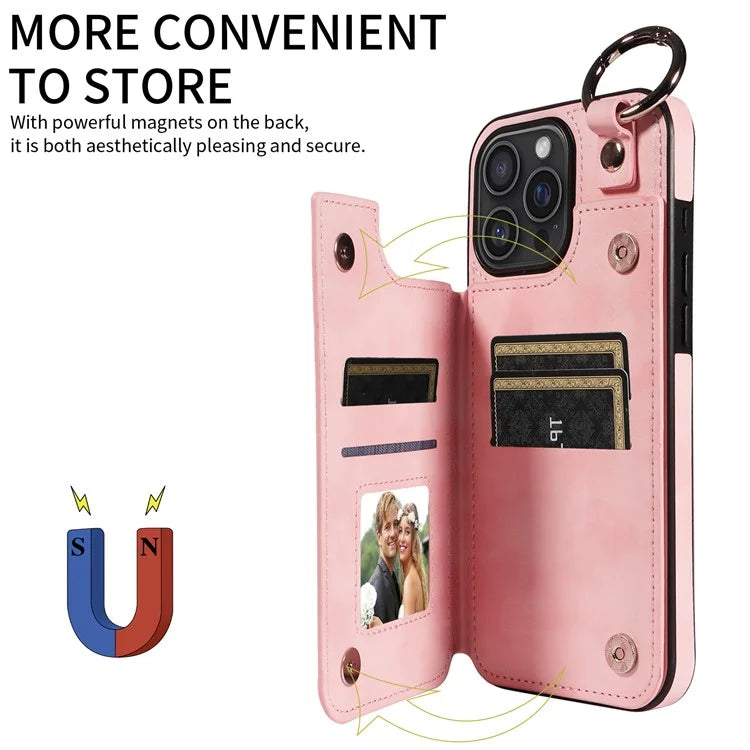 003 For iPhone 16 Pro Max Case Leather Ring Buckle Phone Back Cover Kickstand