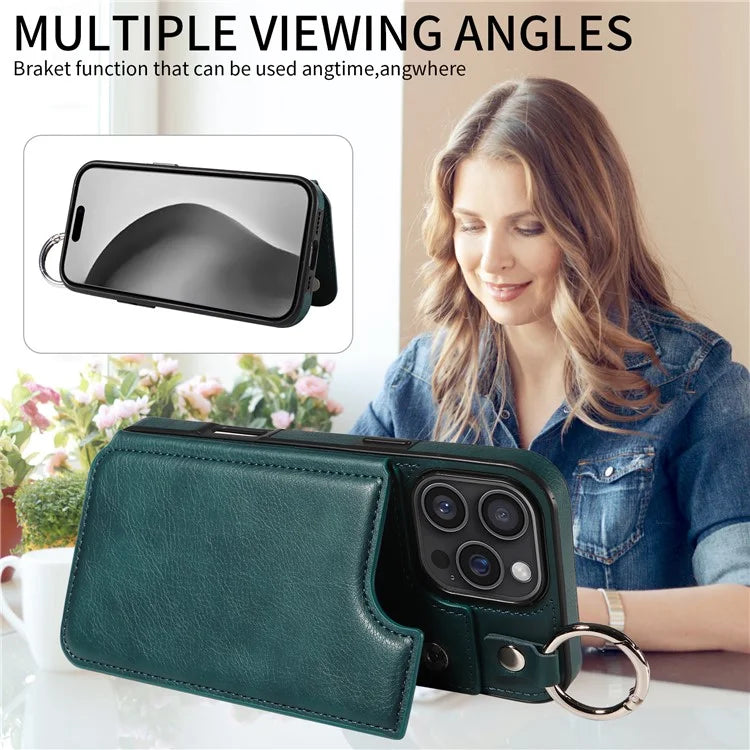 003 For iPhone 16 Pro Max Case Leather Ring Buckle Phone Back Cover Kickstand