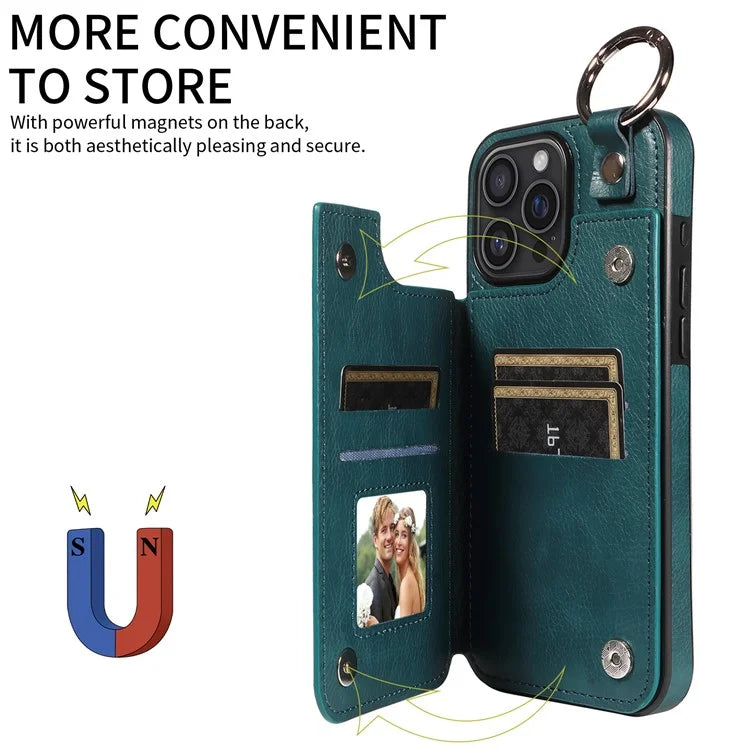 003 For iPhone 16 Pro Max Case Leather Ring Buckle Phone Back Cover Kickstand
