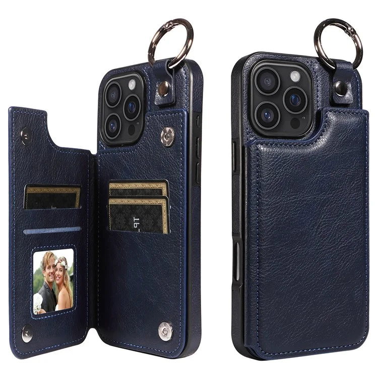 003 For iPhone 16 Pro Max Case Leather Ring Buckle Phone Back Cover Kickstand