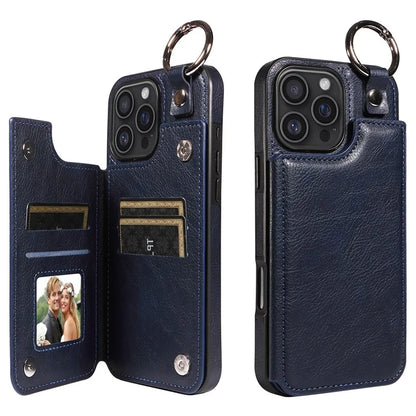 003 For iPhone 16 Pro Max Case Leather Ring Buckle Phone Back Cover Kickstand