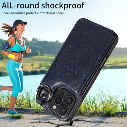 003 For iPhone 16 Pro Max Case Leather Ring Buckle Phone Back Cover Kickstand