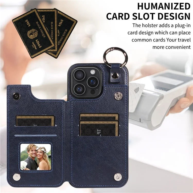 003 For iPhone 16 Pro Max Case Leather Ring Buckle Phone Back Cover Kickstand