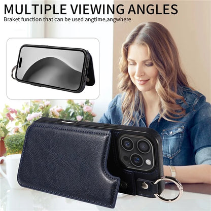 003 For iPhone 16 Pro Max Case Leather Ring Buckle Phone Back Cover Kickstand