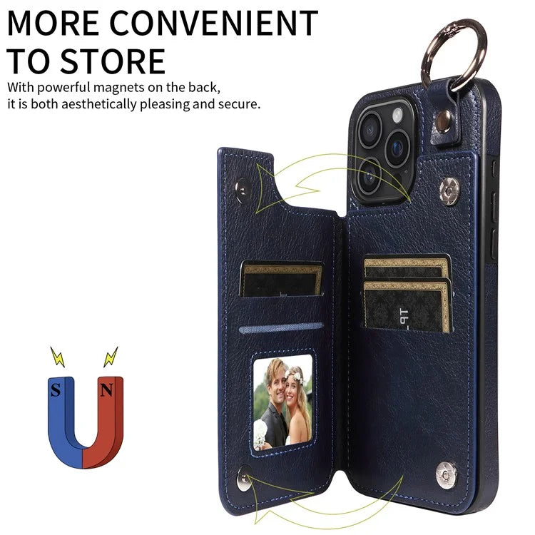 003 For iPhone 16 Pro Max Case Leather Ring Buckle Phone Back Cover Kickstand