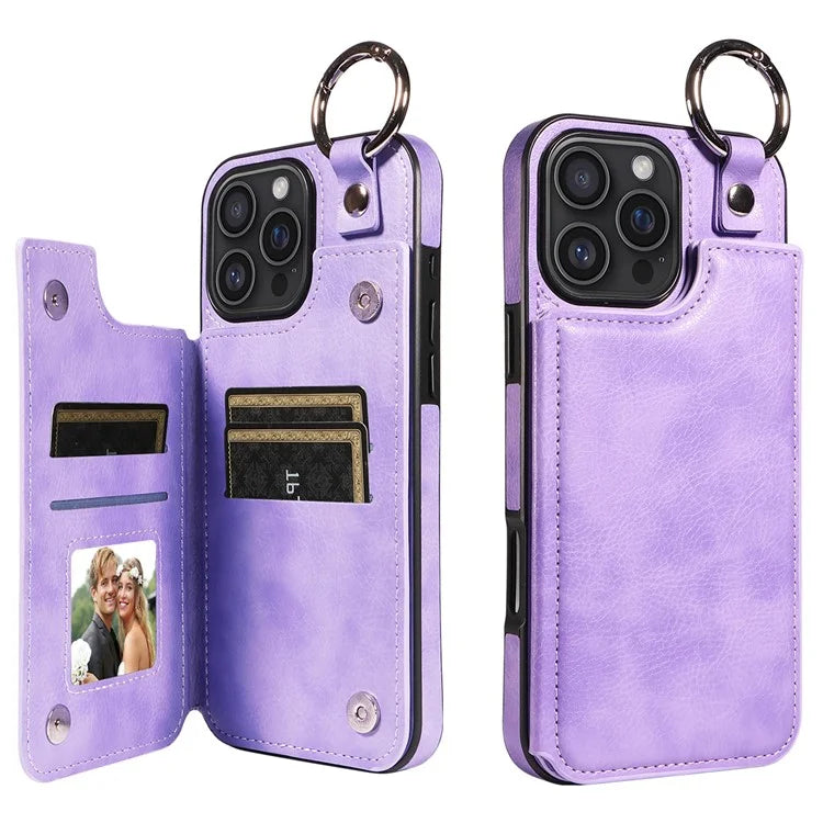 003 For iPhone 16 Pro Max Case Leather Ring Buckle Phone Back Cover Kickstand