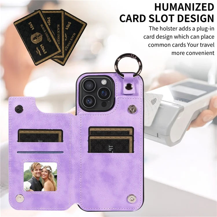 003 For iPhone 16 Pro Max Case Leather Ring Buckle Phone Back Cover Kickstand