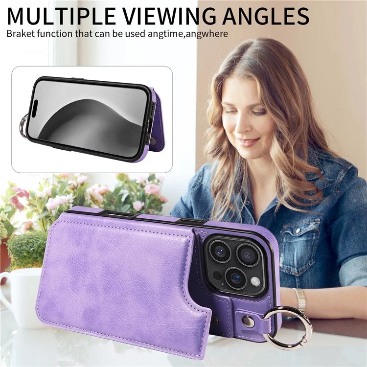 003 For iPhone 16 Pro Max Case Leather Ring Buckle Phone Back Cover Kickstand