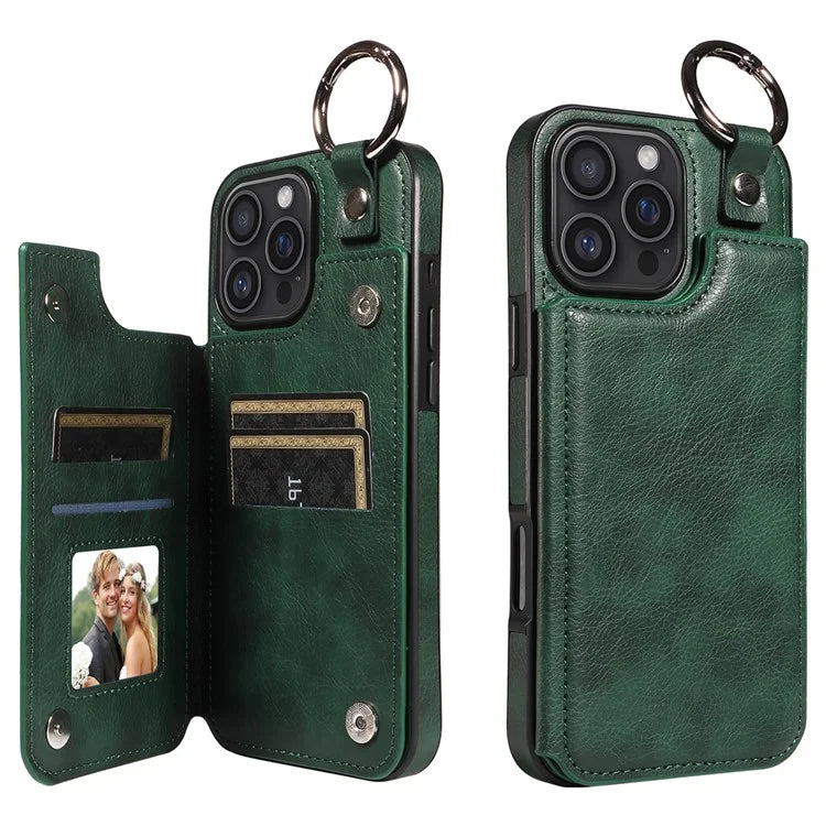 003 For iPhone 16 Pro Max Case Leather Ring Buckle Phone Back Cover Kickstand