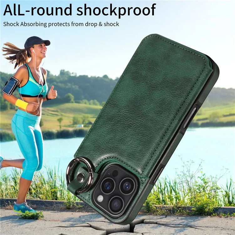 003 For iPhone 16 Pro Max Case Leather Ring Buckle Phone Back Cover Kickstand