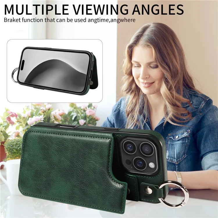 003 For iPhone 16 Pro Max Case Leather Ring Buckle Phone Back Cover Kickstand