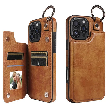 003 For iPhone 16 Pro Max Case Leather Ring Buckle Phone Back Cover Kickstand