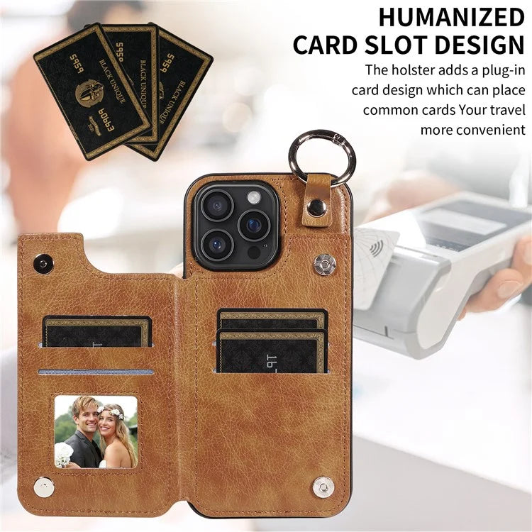 003 For iPhone 16 Pro Max Case Leather Ring Buckle Phone Back Cover Kickstand