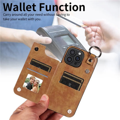 003 For iPhone 16 Pro Max Case Leather Ring Buckle Phone Back Cover Kickstand