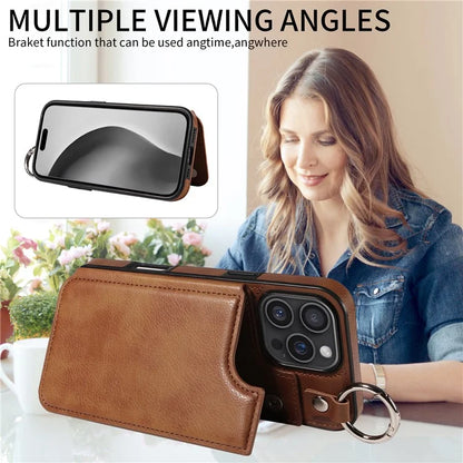 003 For iPhone 16 Pro Max Case Leather Ring Buckle Phone Back Cover Kickstand