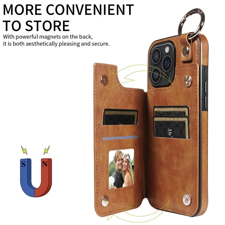 003 For iPhone 16 Pro Max Case Leather Ring Buckle Phone Back Cover Kickstand