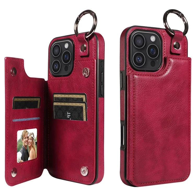 003 For iPhone 16 Pro Max Case Leather Ring Buckle Phone Back Cover Kickstand