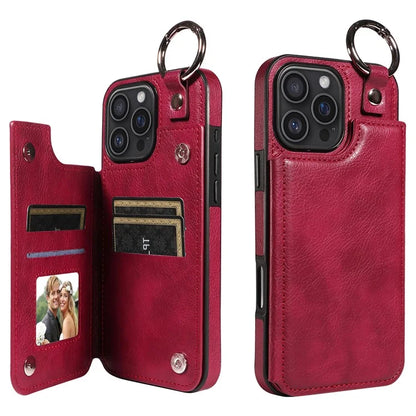 003 For iPhone 16 Pro Max Case Leather Ring Buckle Phone Back Cover Kickstand