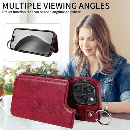 003 For iPhone 16 Pro Max Case Leather Ring Buckle Phone Back Cover Kickstand