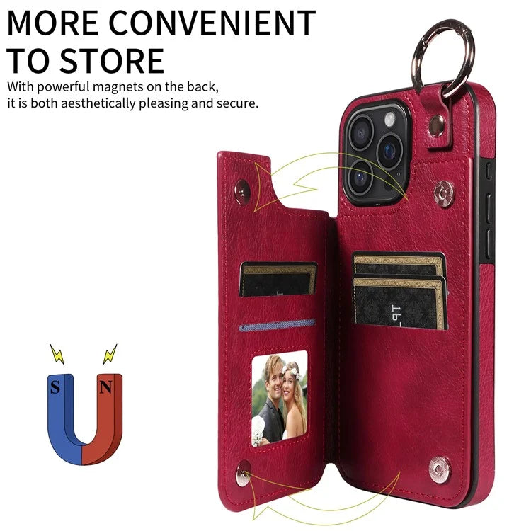 003 For iPhone 16 Pro Max Case Leather Ring Buckle Phone Back Cover Kickstand