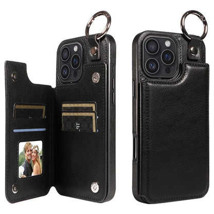 003 For iPhone 16 Pro Max Case Leather Ring Buckle Phone Back Cover Kickstand