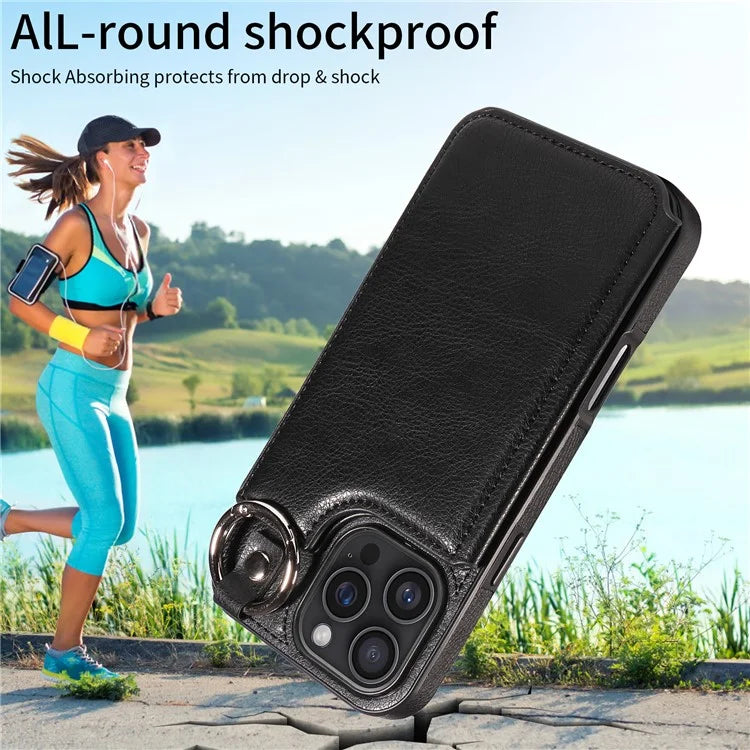 003 For iPhone 16 Pro Max Case Leather Ring Buckle Phone Back Cover Kickstand