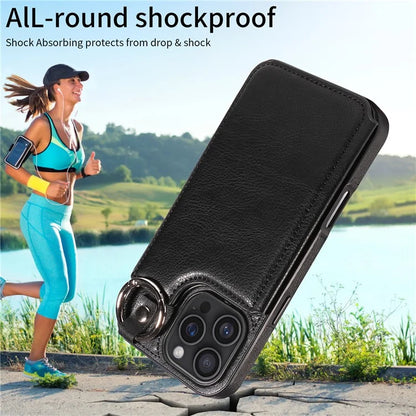 003 For iPhone 16 Pro Max Case Leather Ring Buckle Phone Back Cover Kickstand