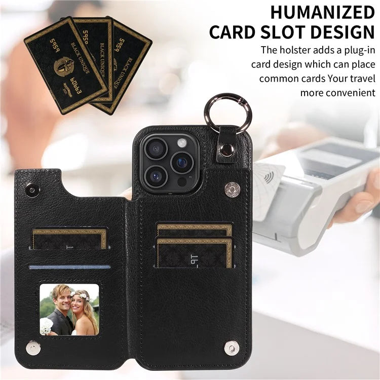 003 For iPhone 16 Pro Max Case Leather Ring Buckle Phone Back Cover Kickstand