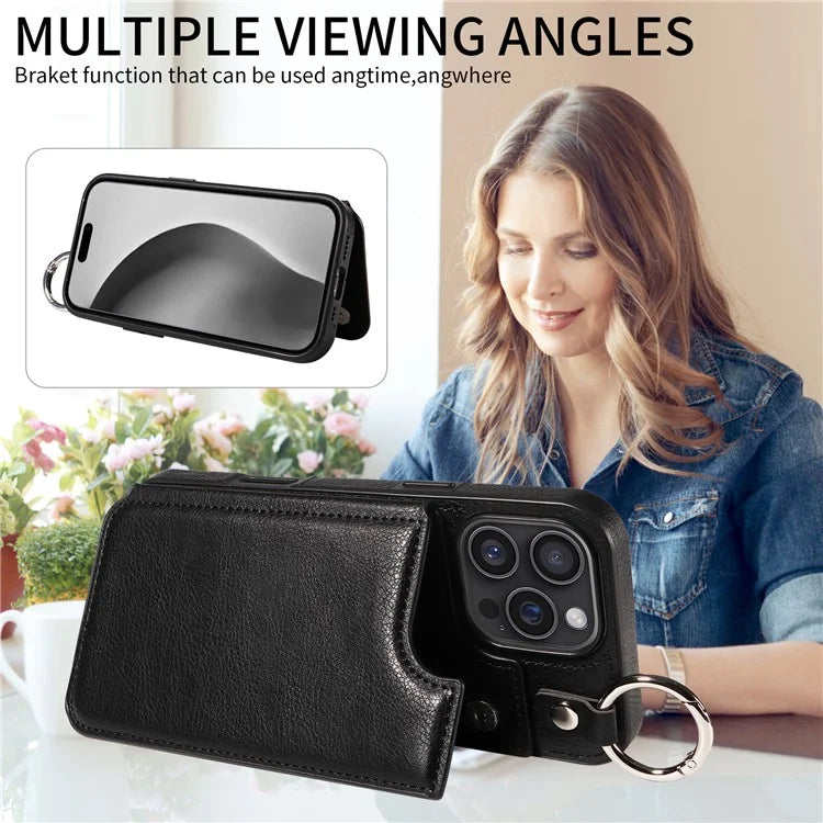 003 For iPhone 16 Pro Max Case Leather Ring Buckle Phone Back Cover Kickstand