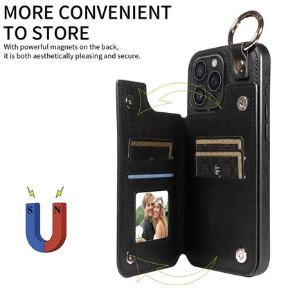 003 For iPhone 16 Pro Max Case Leather Ring Buckle Phone Back Cover Kickstand