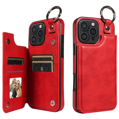 003 For iPhone 16 Pro Max Case Leather Ring Buckle Phone Back Cover Kickstand