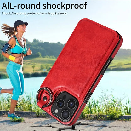 003 For iPhone 16 Pro Max Case Leather Ring Buckle Phone Back Cover Kickstand