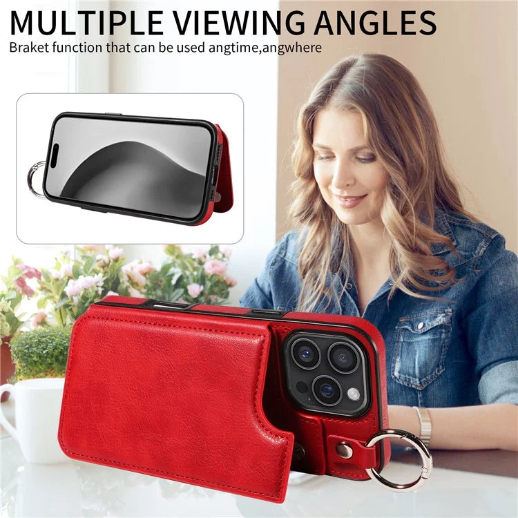 003 For iPhone 16 Pro Max Case Leather Ring Buckle Phone Back Cover Kickstand