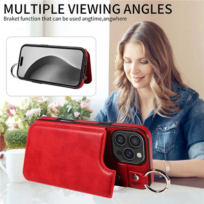 003 For iPhone 16 Pro Max Case Leather Ring Buckle Phone Back Cover Kickstand