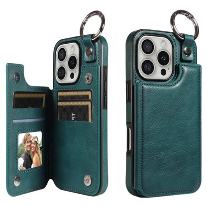 003 For iPhone 16 Pro Case Leather Ring Buckle Phone Back Cover Kickstand