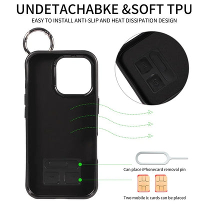 003 For iPhone 16 Pro Case Leather Ring Buckle Phone Back Cover Kickstand