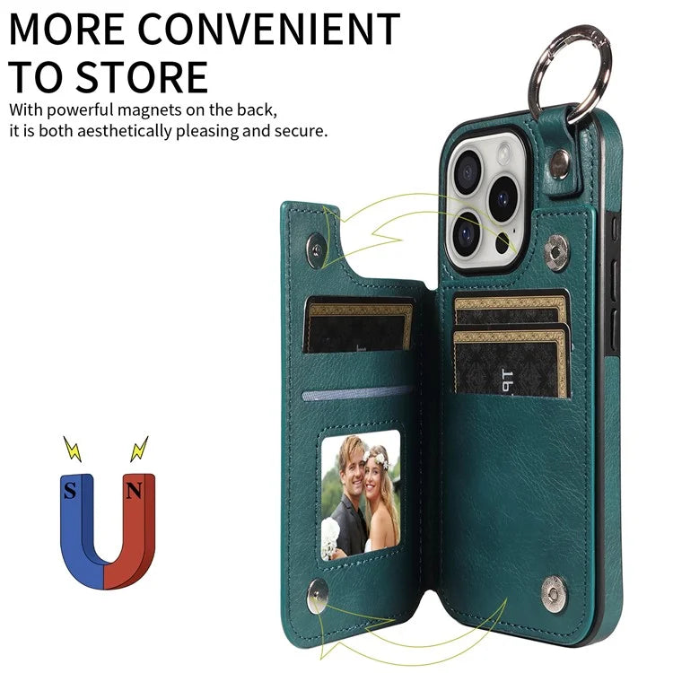 003 For iPhone 16 Pro Case Leather Ring Buckle Phone Back Cover Kickstand