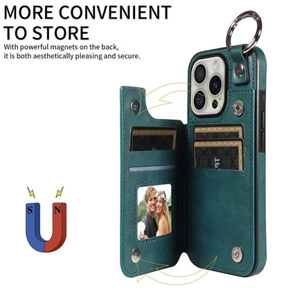 003 For iPhone 16 Pro Case Leather Ring Buckle Phone Back Cover Kickstand