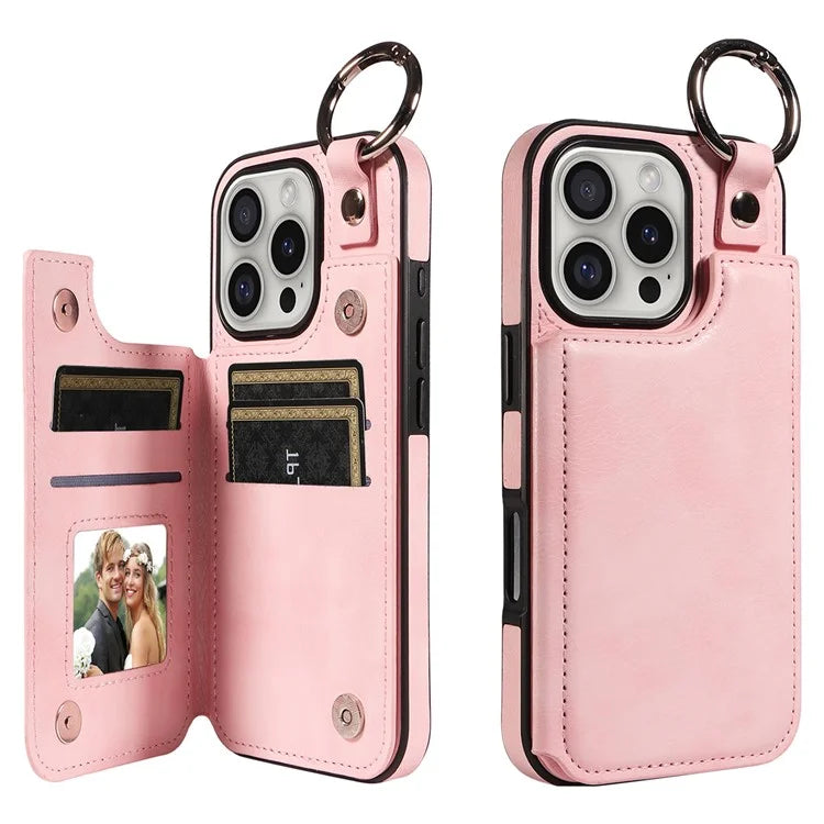 003 For iPhone 16 Pro Case Leather Ring Buckle Phone Back Cover Kickstand