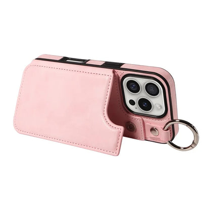 003 For iPhone 16 Pro Case Leather Ring Buckle Phone Back Cover Kickstand