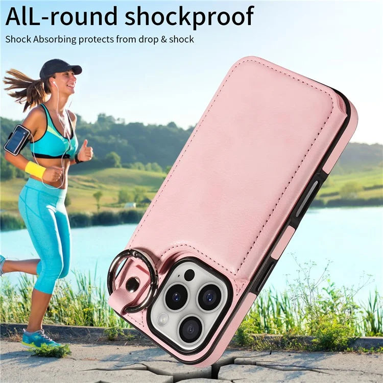 003 For iPhone 16 Pro Case Leather Ring Buckle Phone Back Cover Kickstand