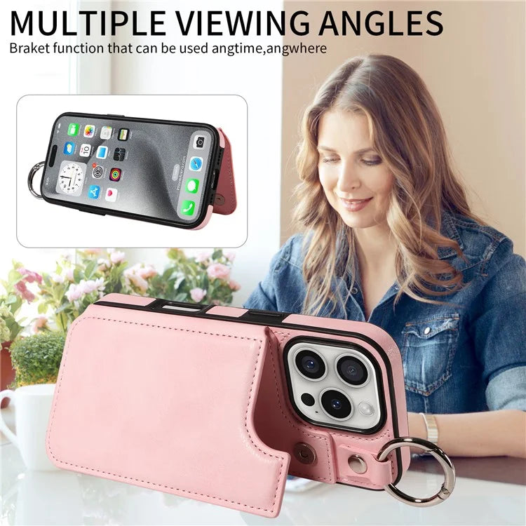 003 For iPhone 16 Pro Case Leather Ring Buckle Phone Back Cover Kickstand