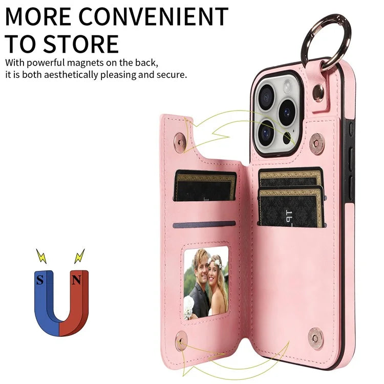 003 For iPhone 16 Pro Case Leather Ring Buckle Phone Back Cover Kickstand